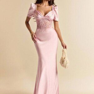 Pink Elegant Women's Lace Maxi Dress